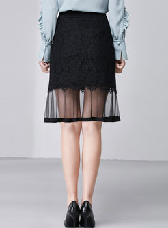 Black Lace Gauze Stitching A Line Skirt 