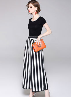 Casual Pure Color Top & Striped Wide Leg Pants With Long Coat 