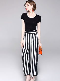 Casual Pure Color Top & Striped Wide Leg Pants With Long Coat 