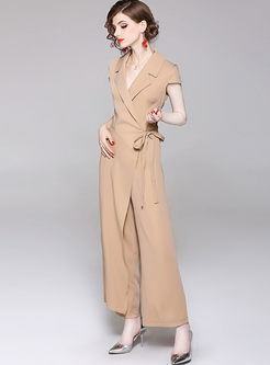 Solid Color Notched Bowknot Work Jumpsuit 