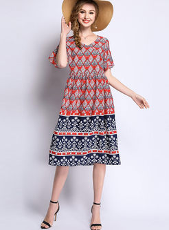Vintage Print Flare Sleeve Plus Size A Line Dress