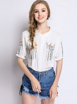 Casual V-neck Embroidery Flare Sleeve Blouse