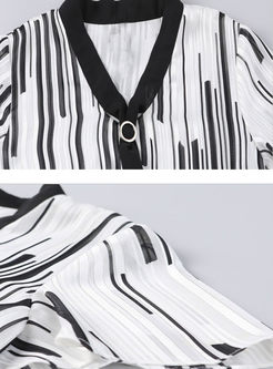 Brief Striped V-neck Print Blouse 