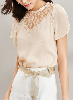 Lace Solid Color Stitching Chiffon Top