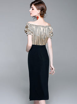 Elegant Slash Neck Striped Split Dress 