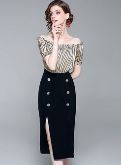 Elegant Slash Neck Striped Split Dress 