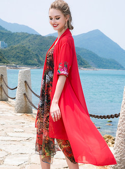 Red Casual Loose Embroidered Coat