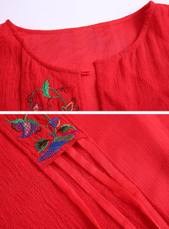 Red Round Neck Embroidered Tassel Coat