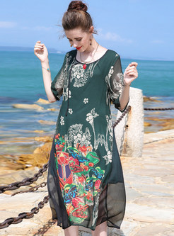 Ethnic Floral Print Chiffon Shift Dress