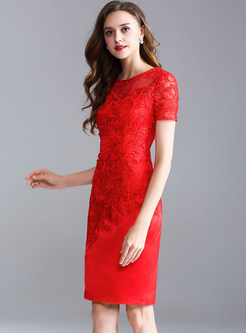 Red Mesh Embroidered Bodycon Dress