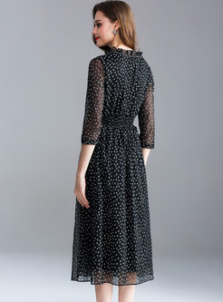Black Dot Print Elastic Waist Midi Dress