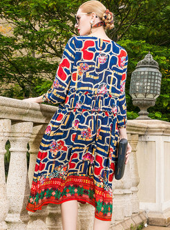 Ethnic Color-blocked Print Midi Dress