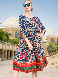 Ethnic Color-blocked Print Midi Dress