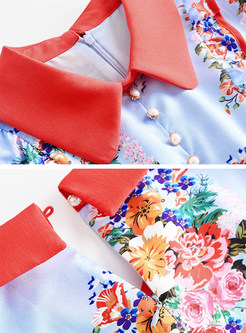Flower Print Lapel Pleated Dress