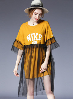 Yellow Loose Gauze Stitching T-shirt Dress