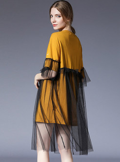 Yellow Loose Gauze Stitching T-shirt Dress
