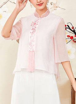 Pink Elegant Fringed Embroidery Chinese Vintage Top 