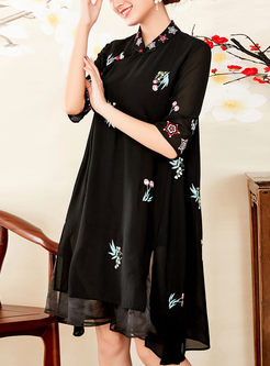 Black Embroidery Stand Collar Loose Shift Dress 
