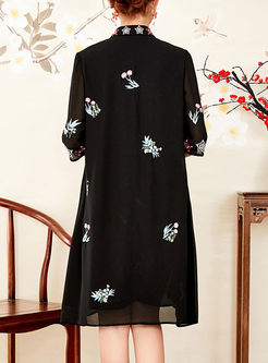 Black Embroidery Stand Collar Loose Shift Dress 