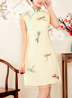 Elegant Yellow Dragonfly Embroidery A Line Dress