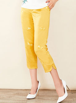 Yellow Vintage Embroidery Split Straight Pants 