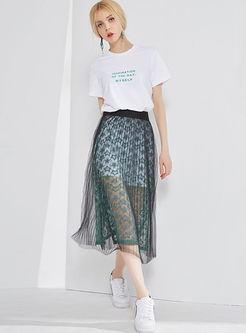 Casual Brief Letter Print T-shirt & Green See Through Skirt