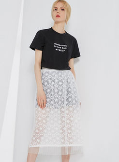 Black Casual T-shirt & White Hollow Out Skirt