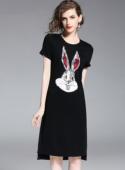 Cute Rabbit Sequin Short Sleeve T-shirt Dress