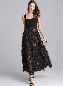 Black Tassel Patchwork Slip Maxi Dress