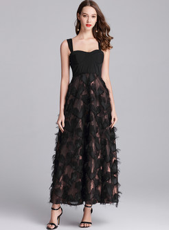 Black Tassel Patchwork Slip Maxi Dress