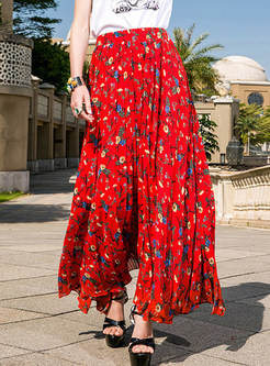 Red Flower Print Elastic Waist Skirt