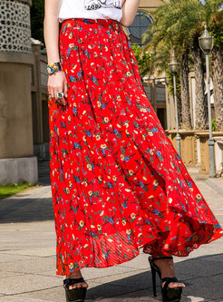 Red Flower Print Elastic Waist Skirt