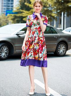 Elegant Flower Print Lapel Midi Dress