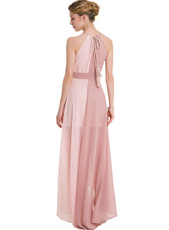Hit Color Sleeveless Belted Maxi Dress