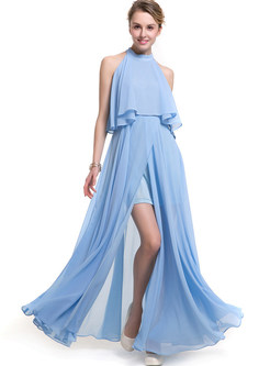 Blue Slit Splicing Chiffon Prom Dress