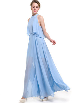 Blue Slit Splicing Chiffon Prom Dress