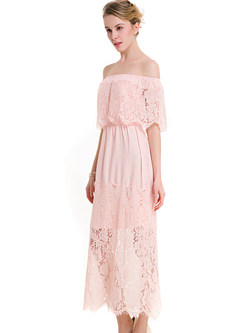 Pink Lace Off Shoulder Maxi Dress