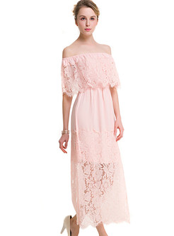 Pink Lace Off Shoulder Maxi Dress
