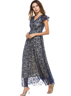 Blue Short Sleeve Waist Prom Dress