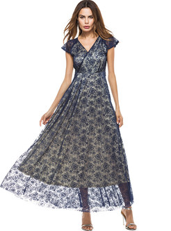 Blue Short Sleeve Waist Prom Dress