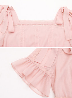 Pink Flare Sleeve Waist A Line Dress