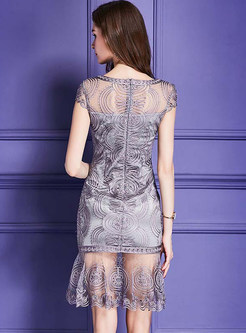 Grey Embroidery Short Sleeve Mermaid Dress