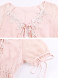 Pink Embroidery Waist Chiffon Dress