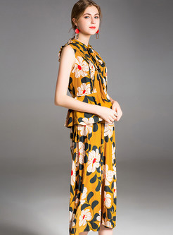 Yellow Floral Print Sleeveless A Line Dress