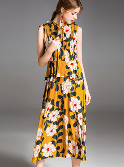 Yellow Floral Print Sleeveless A Line Dress