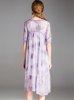 Purple V-neck Stringy Selvedge Shift Dress