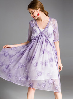 Purple V-neck Stringy Selvedge Shift Dress