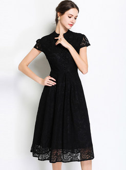Black Vintage V-neck Big Hem Dress