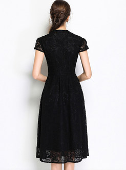 Black Vintage V-neck Big Hem Dress