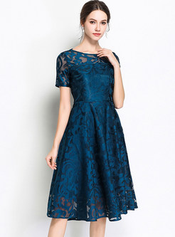 Deep Blue Embroidered Big Hem A Line Dress